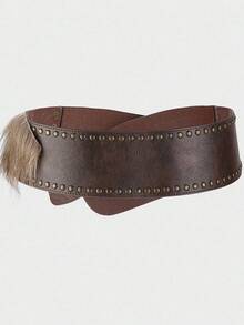 ROMWE J-Fashion 1pc Women's Brown Furry Decor Western Boho Style Rivet Embellished Wide Waist Belt, Versatile Accessory For Dresses, Jeans - Brown - View 10
