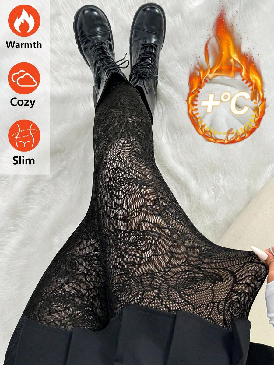 SHEIN EZwear Quần legging thời trang lót lưới họa tiết hoa cỡ lớn cho nữ, Mùa thu/Đông, Quần áo mùa thu cho nữ, Thanh lịch, Màu đen, Đi làm, Hẹn hò, Hẹn hò, Giữ ấm, Tiệc tùng, Đi chơi, Khách dự tiệc cưới, Sang trọng, Hoa hồng, Lót nhiệt, Quần legging bó Giáng sinh, Mùa thu/Thu/Đông, Giáng sinh, Năm mới, Lễ tạ ơn, Tiệc tùng, Đám cưới, Thanh lịch, Thường ngày, Đi chơi, Hẹn hò, Hẹn hò, Đi làm - màu đen - Xem 1