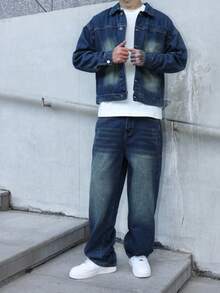 Claim Dot 男士复古牛仔两件套休闲夹克和阔腿裤，春秋季