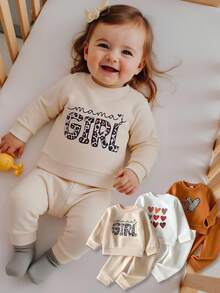 6pcs/Set Baby Girls Thermal Lined Crew Neck Long Sleeve T-Shirt And Elastic Waist Pants Set, Suitable For Commuting, School, Casual, Vacation, Sports, Autumn/Winter, 6M-3T, Children Clothing, Toddler Clothing, Infant Clothing, Toddler T-Shirt, Toddler Pants Baby Autumn Winter Outfits Baby Casual Sets Neutral Baby Clothes Unisex Baby Girl Sweat Set Fall