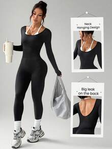 Dewbera 女士修身纯色无缝长袖连体裤，适合日常外出、瑜伽、跑步和健身 - 黑與白 - 查看 1