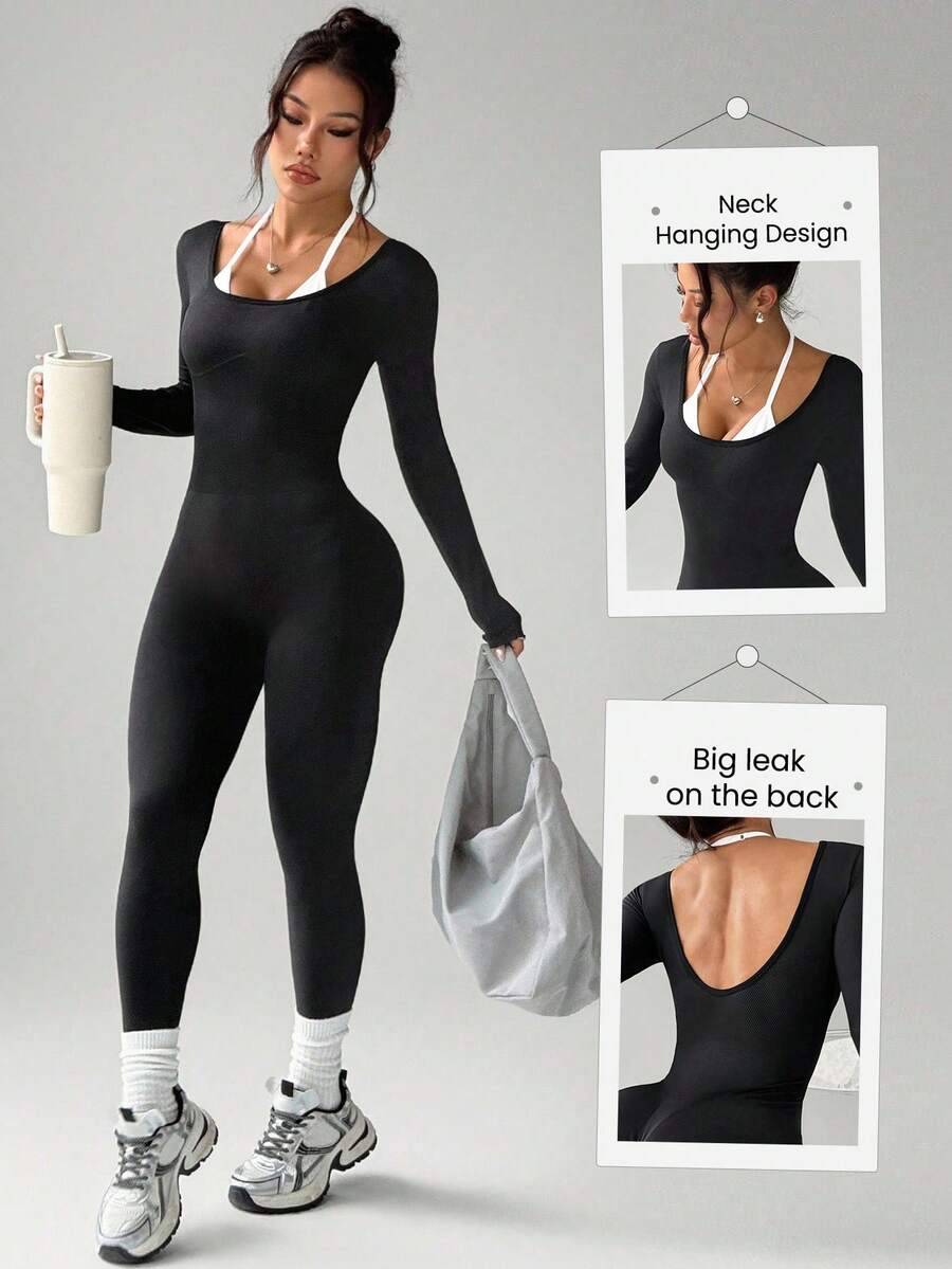 Dewbera 女士修身纯色无缝长袖连体裤，适合日常外出、瑜伽、跑步和健身 - 黑與白 - 查看 1