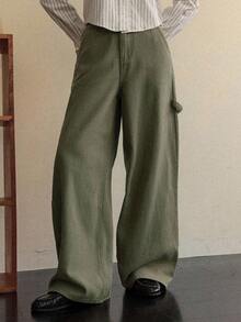 Dazy-Less Quần jeans nữ dáng rộng, ống loe có túi, kiểu dáng công sở thường ngày. - xanh quân đội - Xem 6