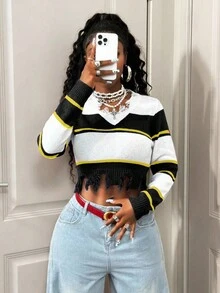 BamGleam Women's V-Neck Long Sleeve Blue & White Striped Distressed Fringe Pullover Sweater, Minimalist Sexy Street Style