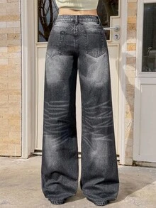 Rivivi 女式中腰宽松休闲直筒牛仔裤，带口袋 - 深灰色 - 查看 2