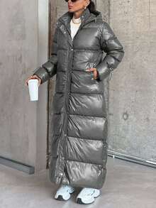 SHEIN Cottnline Women's Unique Design Drawstring Sleeve Padded Warm Puffer Long Down Coat - Grey - View 3