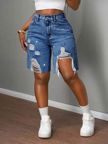 Slaydiva Quần short denim nữ cạp thấp, rộng rãi, rách 5 điểm, họa tiết kim cương Bermuda / Quần short denim xanh nhạt / Quần áo nữ mùa thu / Trở lại trường / Quần áo đồng quê nữ / Quần áo hòa nhạc đồng quê / Quần áo nữ cổ điển / Quần áo đi chơi / Quần áo sân bay nữ / Trang phục đường phố nữ / Quần áo nữ phong cách Y2K - Rửa trung bình - Xem 3