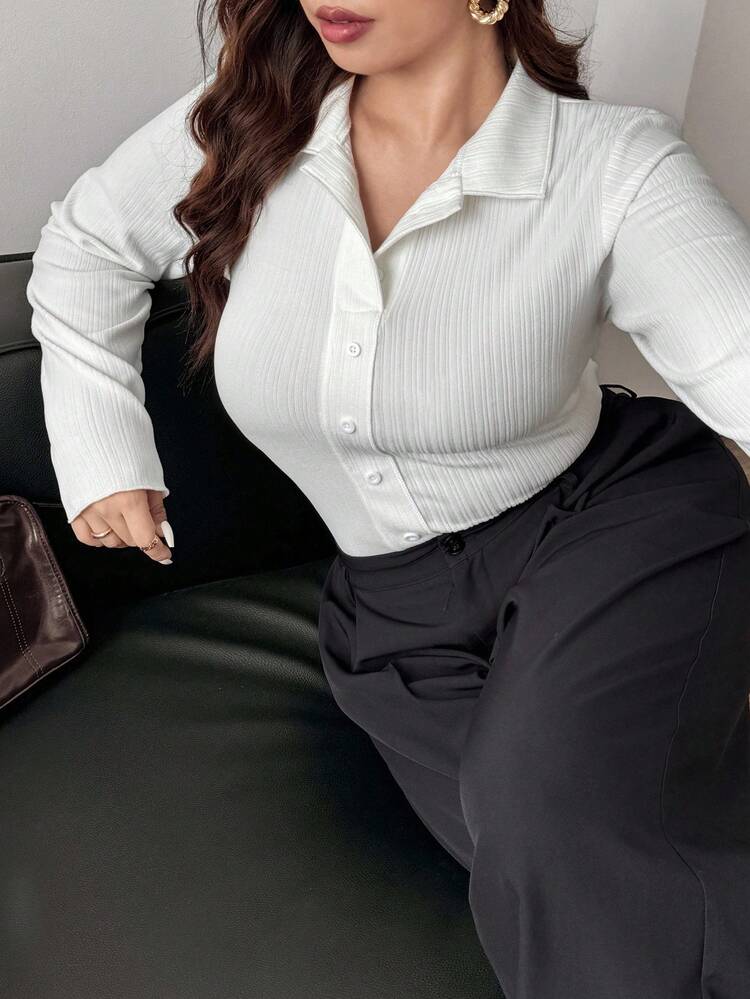 Dazy Plus Fashionable Casual Solid Color Half-Open Collar Fitted Short Long Sleeve White T-Shirt