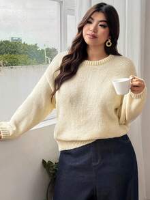 Dazy Plus Plus Size Women Solid Color Crew Neck Loose Fit Pullover Sweater, Fashion & Versatile, Autumn - Apricot - View 6