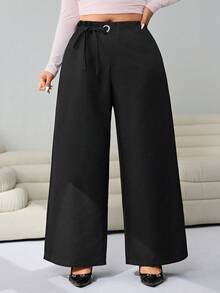 Solflare Plus High Waist Knot Side Wide Leg Pants - Black - View 7