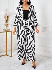 SHEIN Lady 女士时尚休闲斑马纹上衣和裤子两件套 - 黑與白 - 查看 3