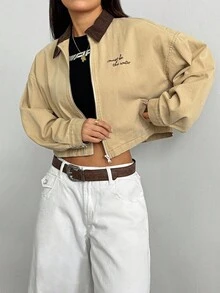 Elenzga Áo khoác denim ngắn cổ màu tương phản thường ngày, mùa thu - Màu Khaki - Xem 6