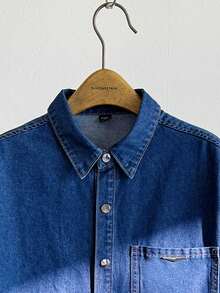 Manfinity VCAY 男士夏季短袖单排扣休闲口袋牛仔衬衫 - 藍色 - 查看 3