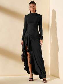 SHEIN BAE 厚珍珠天鹅绒纯棕色/咖啡色紧身褶饰长袖性感优雅连衣裙，适合鸡尾酒会、浪漫约会、秋冬汗衫裙、派对、正式聚会、夜间外出连衣裙、婚礼宾客连衣裙、万圣节连衣裙、圣诞节连衣裙 - 黑色 - 查看 4