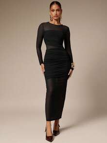 Silquee 女式优雅别致纯色拼接透明网眼荷叶边修身连衣裙 - 黑色 - 查看 4