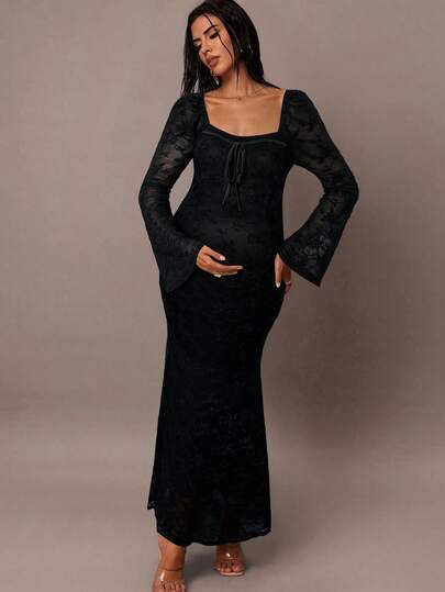 MaterniChic 孕妇甜心领口系带喇叭袖修身优雅连衣裙