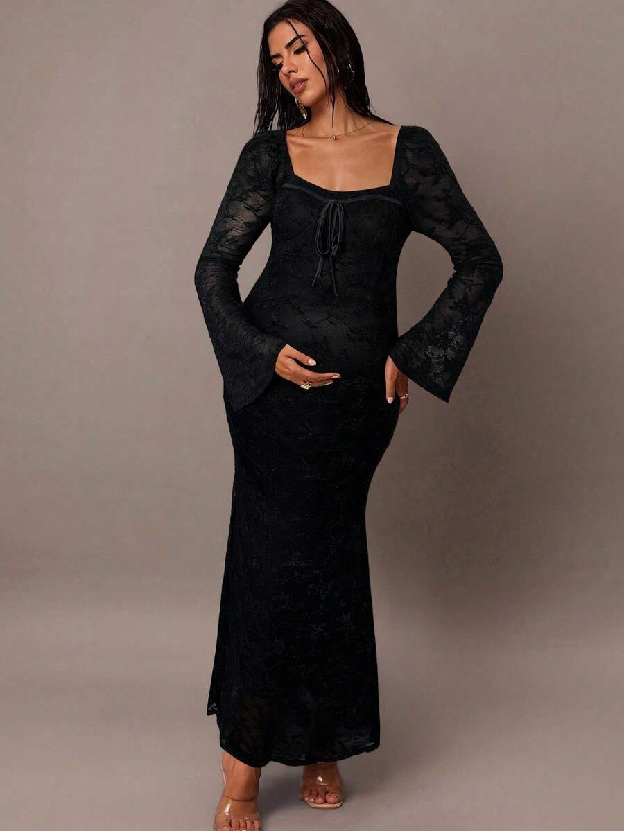 MaterniChic 孕妇甜心领口系带喇叭袖修身优雅连衣裙 - 黑色 - 查看 1