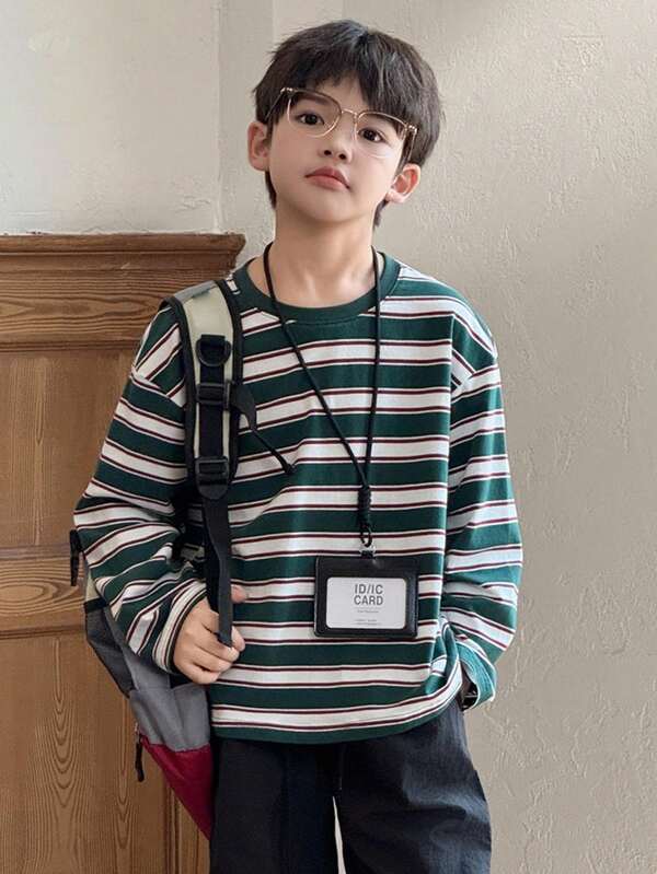 Dazy Kids Camiseta de manga larga con cuello redondo a rayas informal y holgada para niños pequeños, otoño