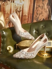 CUCCOO TILAWA Fashionable Sexy Pointed Toe Thin High Heel Hollow Out Rhinestone Glamorous Party Champagne Women's High Heel Pumps For Christmas - Champagne - View 7