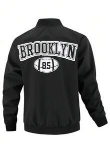 Manfinity Homme 男士加大码印花棒球服夹克，秋冬男士图案拉链夹克，黑色图案拉链飞行员夹克，纽约男士夹克，纽约飞行员夹克，返校季，黑色图案拉链夹克，男士图案夹克，图案拉链夹克，运动夹克 - 黑色 - 查看 2