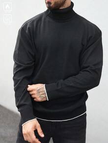 Marvello Homme 大码男士纯色高领长袖休闲毛衣，秋冬 - 黑色 - 查看 1