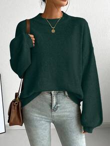 SoleilVie Áo len dệt kim dài tay cổ tròn dáng rộng phong cách Pháp, đa năng cho mùa thu/đông - Màu xanh lá cây đậm - Xem 5