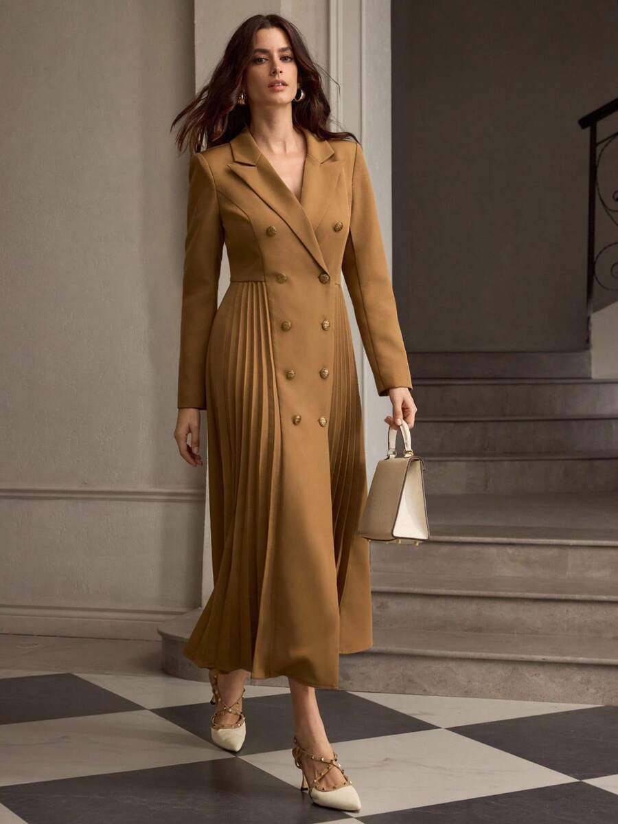 ZEYLAH 新款秋季女式长袖修身双排扣百褶职业连衣裙 - 咖啡 - 查看 1