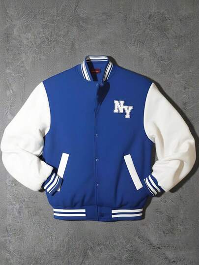 SHEIN Teen Boys' Contrast Color Baseball Jacket, Casual College Style, Comfortable & Fashionable, Versatile, Soft Fabric, Suitable For Daily Wear, School, Outings, Outdoor Sports,In Fall/Winter