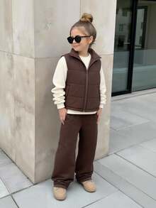 SHEIN Bộ 3 áo nỉ cổ tròn tay dài quá khổ cho bé gái, quần thể thao rộng rãi, bộ đồ mùa thu/đông - Nhiều màu - Xem 3