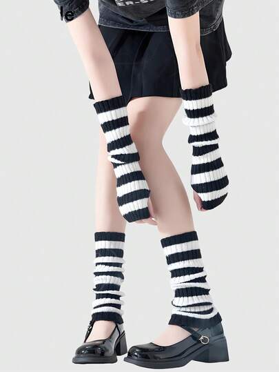 1 Pair Of Punk Hot Girl Stack Leg Cover + 1 Pair Of Arm Cover, Y2K Style Black And White Striped Hemp Pattern Knitted Socks Arm Cover Set, Elastic Daily Versatile Warm Leg Cover Arm Cover