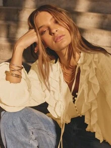 Aralina 冬季长袖荷叶边前开襟长款波西米亚风开衫连衣裙 - 鵝黃色 - 查看 3