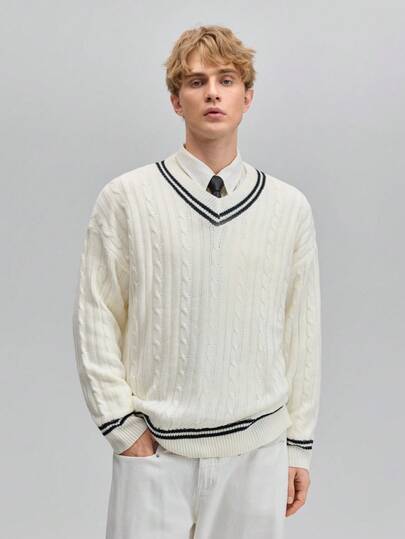  OFFICEAU 男士 Old Money V 领白色毛衣，宽松版型，麻花针织，秋冬款