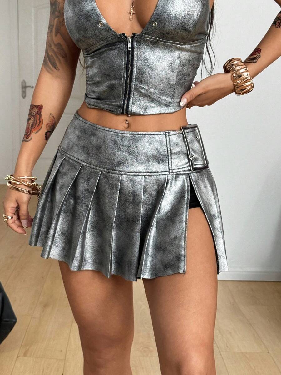 Coolane Váy mini xếp ly da PU màu bạc thời trang dạo phố mùa thu dành cho nữ tại lễ hội âm nhạc Y2K - Bạc - Xem 1