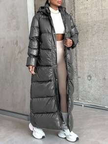 SHEIN Cottnline Women's Unique Design Drawstring Sleeve Padded Warm Puffer Long Down Coat - Grey - View 6