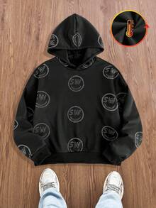 Manfinity VCAY 男士休闲连帽运动衫，带笑脸水钻装饰，高街时尚，适合秋冬 - 黑色 - 查看 1