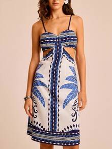 CAJUNI Women's Vacation Palm Tree Print Cutout Waist Sexy Spaghetti Strap Dress - Multicolor - View 6