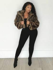 Alexandranx Women's Vintage Style Open Front Faux Fur Collar Coat, Fashionable Outerwear For Winter - Brown - View 4