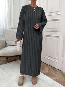 Women Cable Knitting Maxi Sweater Dress - Dark Grey - View 7