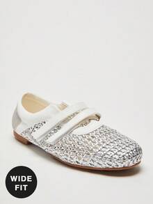 Solezae Designer Inspired Women's Wide-Fit Ballet Flat Sneakers-Casual Hybrid | Breathable Woven Design | All-Day Cloud Comfort - Metallic Silver - View 3