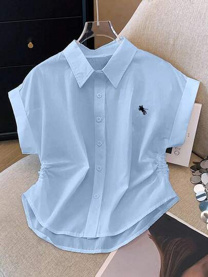 Airaco Plus Size Women Summer Casual Commuting Horse Embroidery Batwing Cuff Sleeve Pleated Fitted Blouse