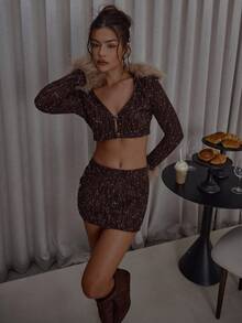 MUSERA Plunge V Neckline Button Down Fur Trim Detail Crop Top & Skirt Set Streetwear Classy Casual Sexy Going Out Fall Autumn Toffee Party Spring - Multicolor - View 6