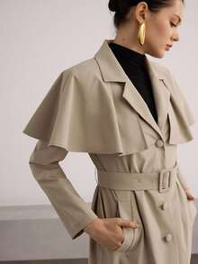 Heiryn Women's Solid Color Ruffle Trim Single-Breasted Long Casual Trench Coat, Autumn