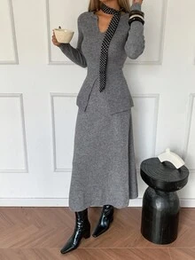 DAZY Bộ 2 món áo len và chân váy xẻ tà cổ chữ V màu trơn thanh lịch dành cho nữ, mùa thu - Xám - Xem 7