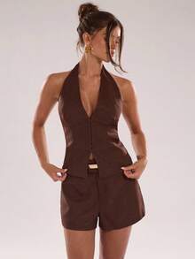 SHEIN BAE 女士时尚性感露背吊带上衣，夏季 - 咖啡棕 - 查看 5