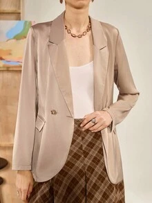 Florisole 女式纯色翻领长袖优雅西装外套，秋季 - 杏色 - 查看 3