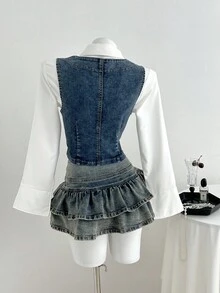 Elamini 女式时尚复古修身牛仔背心 - 藍色 - 查看 2