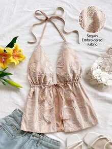 Soleia 女士度假性感浪漫佩斯利亮片刺绣纹理面料露背吊带背心，适合派对、晚宴、浪漫约会、海滩度假、夏季、假日约会、下午茶、婚礼季、海滩邮轮度假等场合。 - 白色 - 查看 8