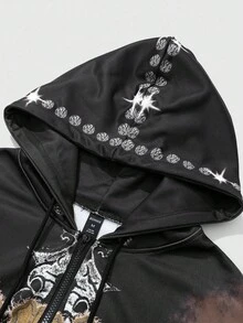 ROMWE MEN Men's Gothic Skeleton & Cross Print Zip-Up Hoodie Set With Sweatpants, Suitable For Autumn/Winter - Multicolor - View 4