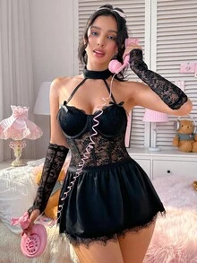 PetitDoll Bộ 4 váy công chúa gợi cảm và ngọt ngào với vải ren chắp vá, satin, dây đeo có thể điều chỉnh, gọng - màu đen - Xem 4