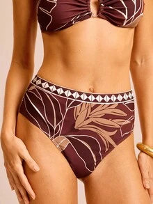 CAJUNI Top bandeau con estampado floral rojo-marrón y Bottom de cintura alta para vacaciones, bikini estampado para playa y citas